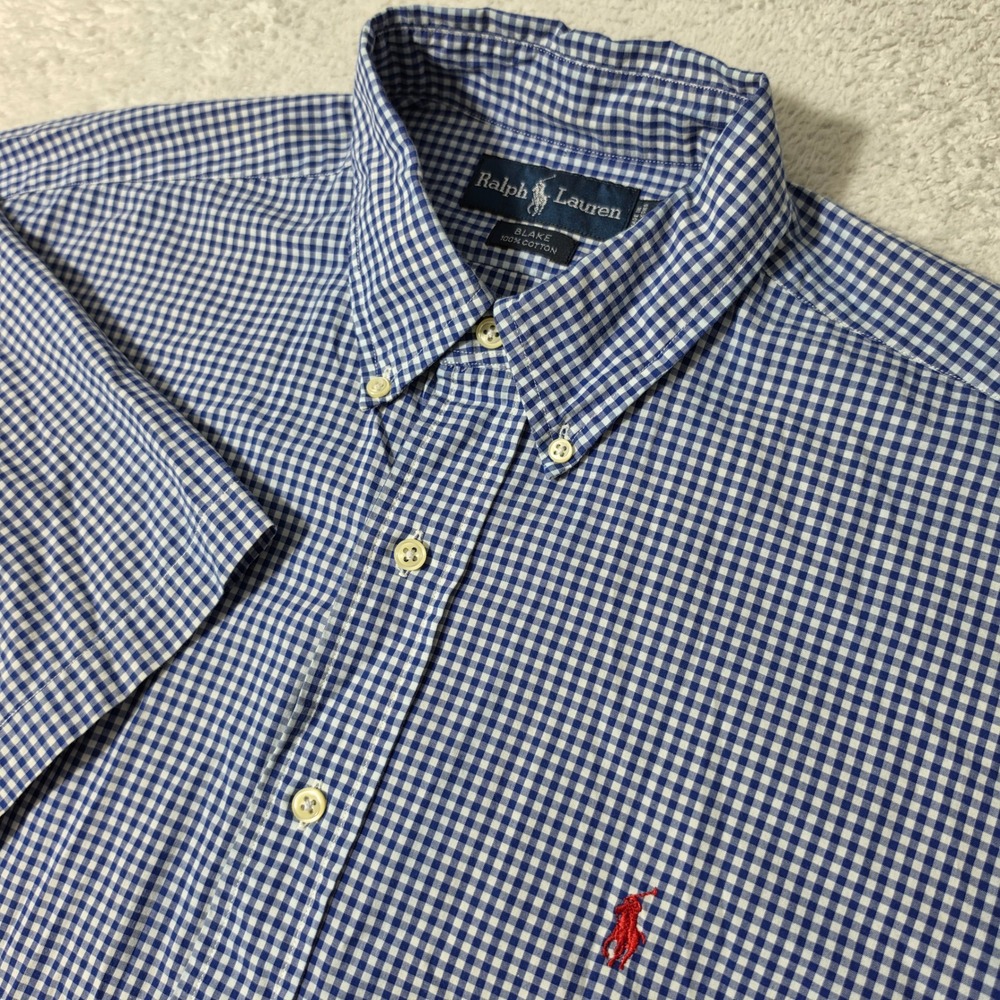 Ralph Lauren Button Down Mens L‎ Blue Gingham Blake Short Sleeve Cotton